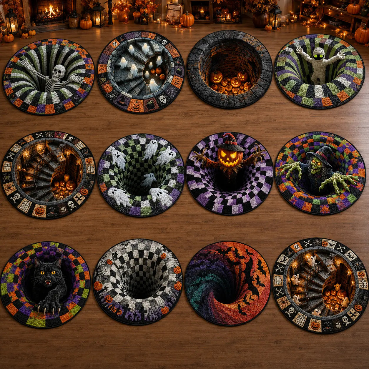 Halloween round Rug 3D Skeleton Vortex Illusion Mat, Soft Non Slip Indoor Rug, Spooky Decor for Living Room Kitchen Bathroom
