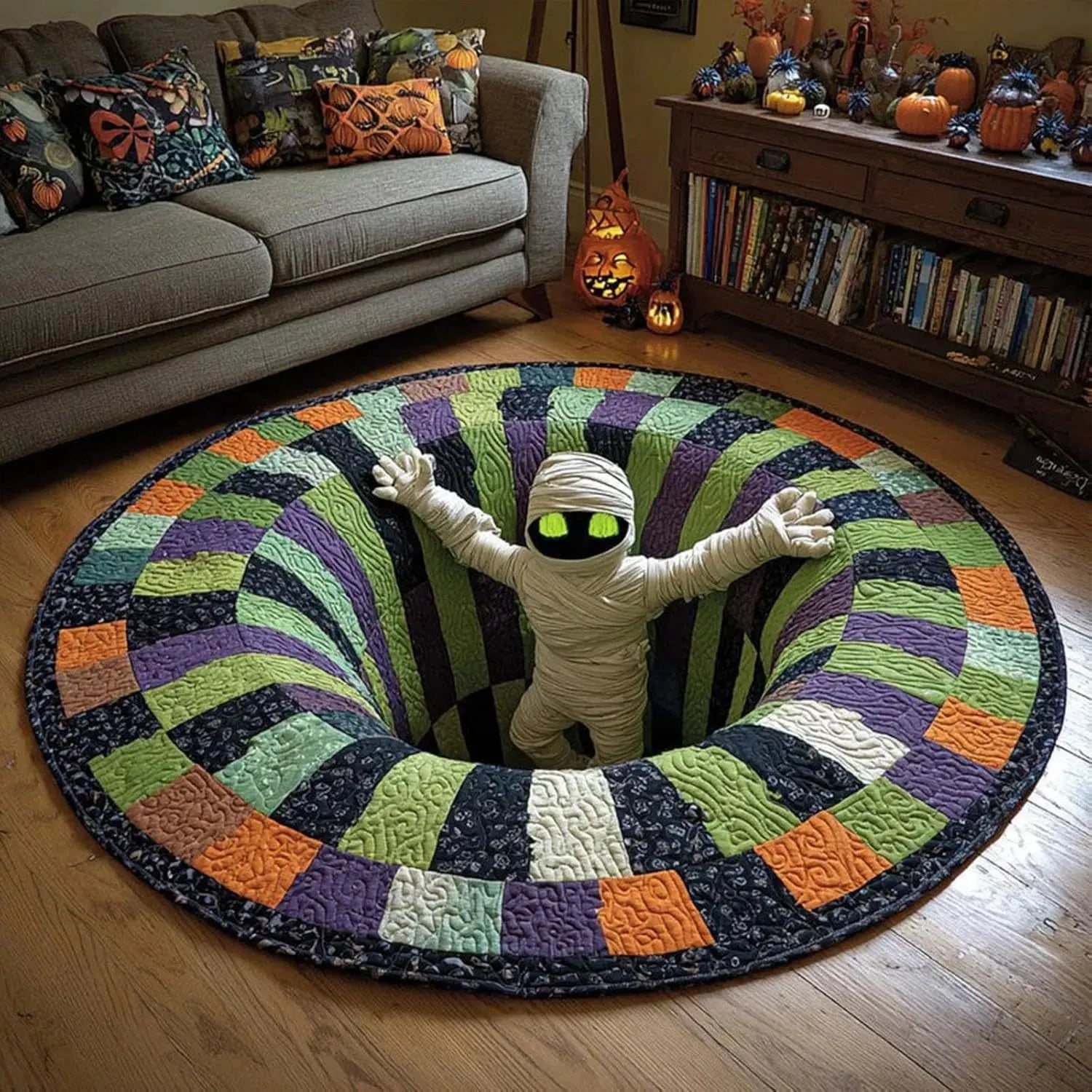 Halloween round Rug 3D Skeleton Vortex Illusion Mat, Soft Non Slip Indoor Rug, Spooky Decor for Living Room Kitchen Bathroom