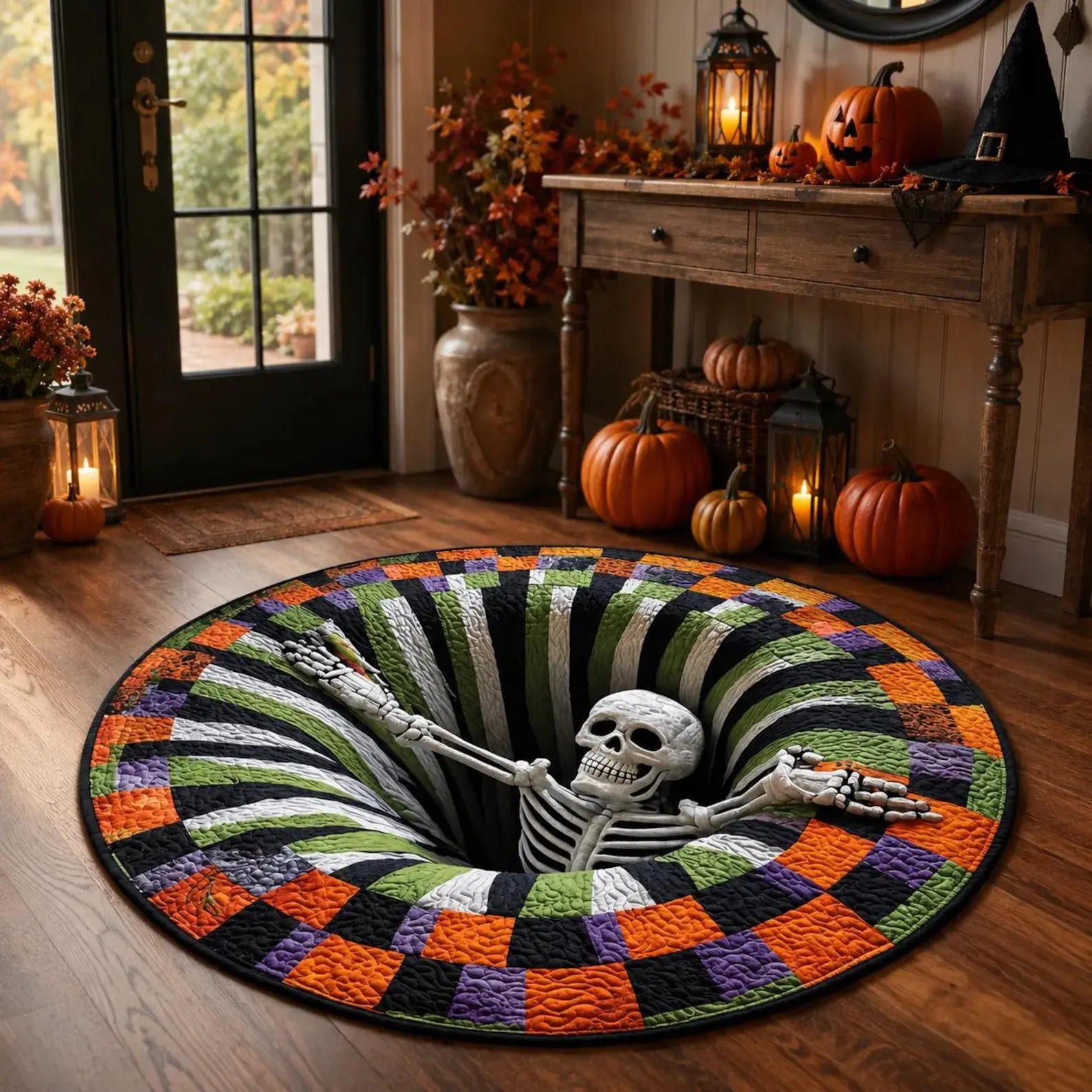 Halloween round Rug 3D Skeleton Vortex Illusion Mat, Soft Non Slip Indoor Rug, Spooky Decor for Living Room Kitchen Bathroom