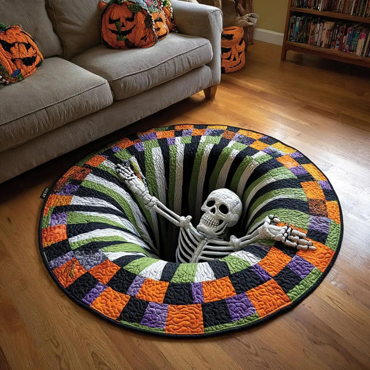 Halloween round Rug 3D Skeleton Vortex Illusion Mat, Soft Non Slip Indoor Rug, Spooky Decor for Living Room Kitchen Bathroom