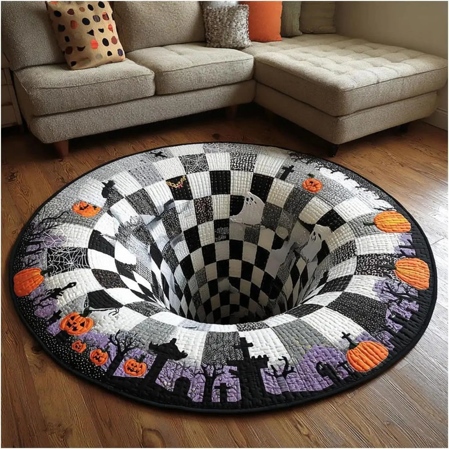 Halloween round Rug 3D Skeleton Vortex Illusion Mat, Soft Non Slip Indoor Rug, Spooky Decor for Living Room Kitchen Bathroom