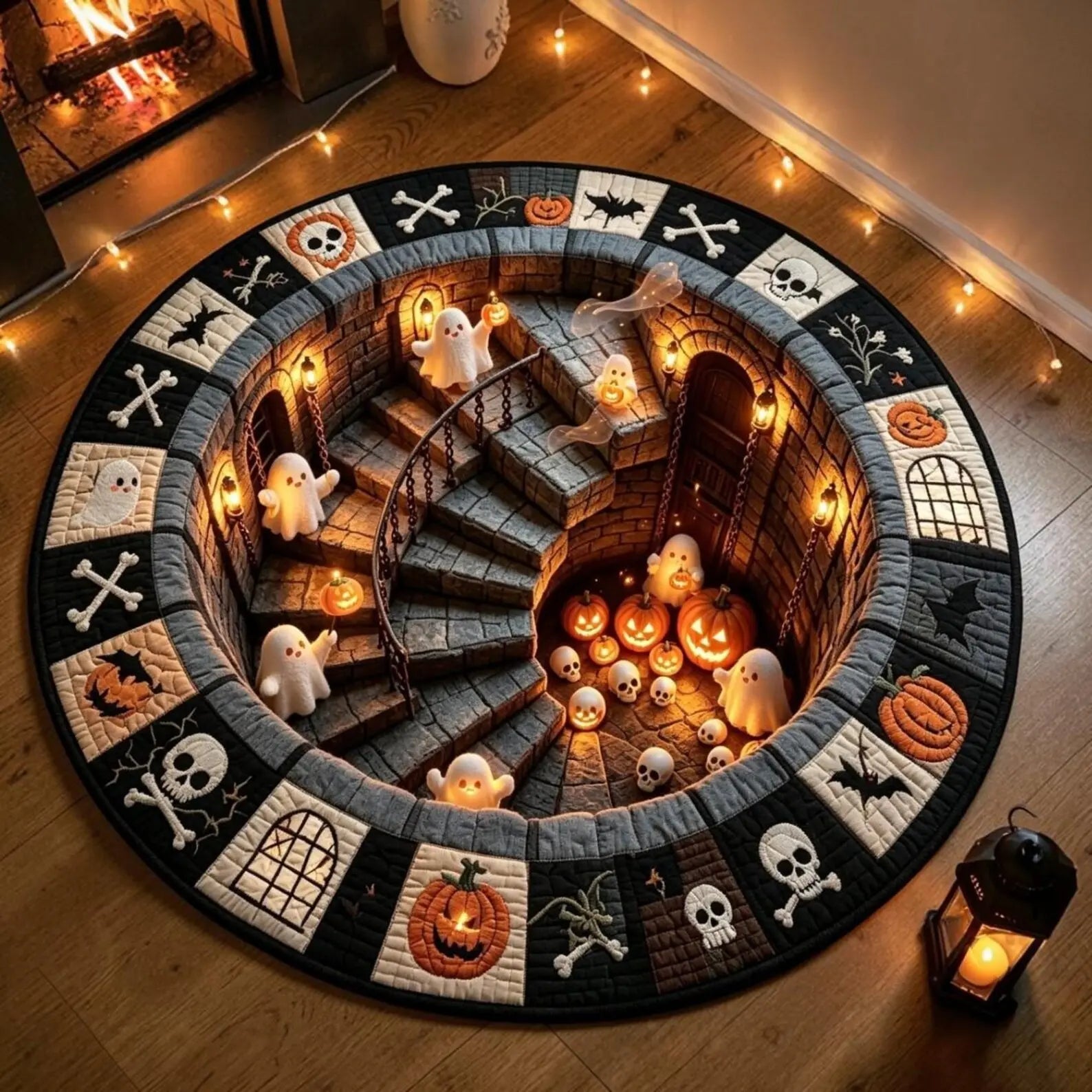 Halloween round Rug 3D Skeleton Vortex Illusion Mat, Soft Non Slip Indoor Rug, Spooky Decor for Living Room Kitchen Bathroom