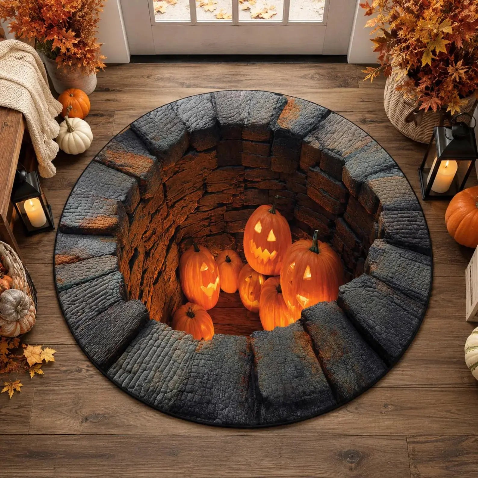Halloween round Rug 3D Skeleton Vortex Illusion Mat, Soft Non Slip Indoor Rug, Spooky Decor for Living Room Kitchen Bathroom
